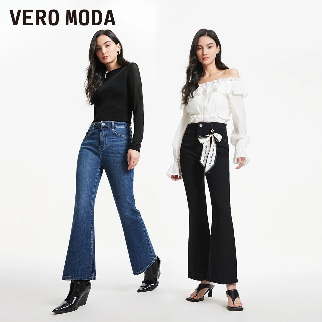 Vero Moda牛仔裤小众洋气女装复古微喇莱卡可拆装饰九分325149028