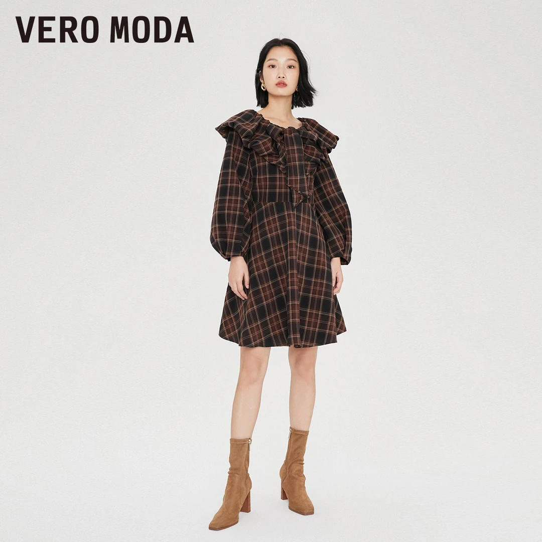 【小店专享】VeroModa连衣裙格纹A字花瓣领复古老钱风|32237D054
