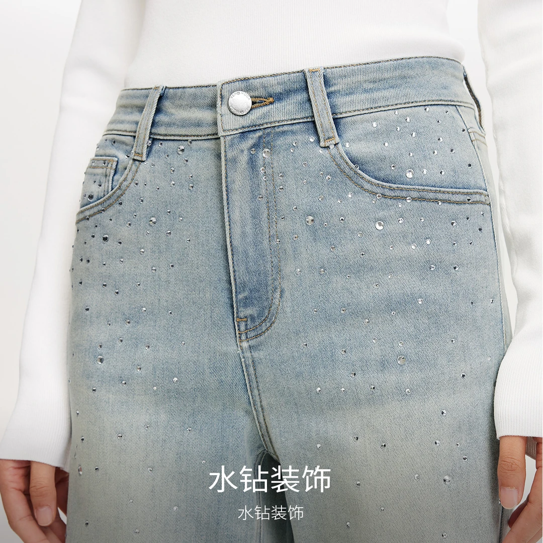 Vero Moda牛仔裤女25早春新款中腰宽松直筒水钻复古水洗325132010