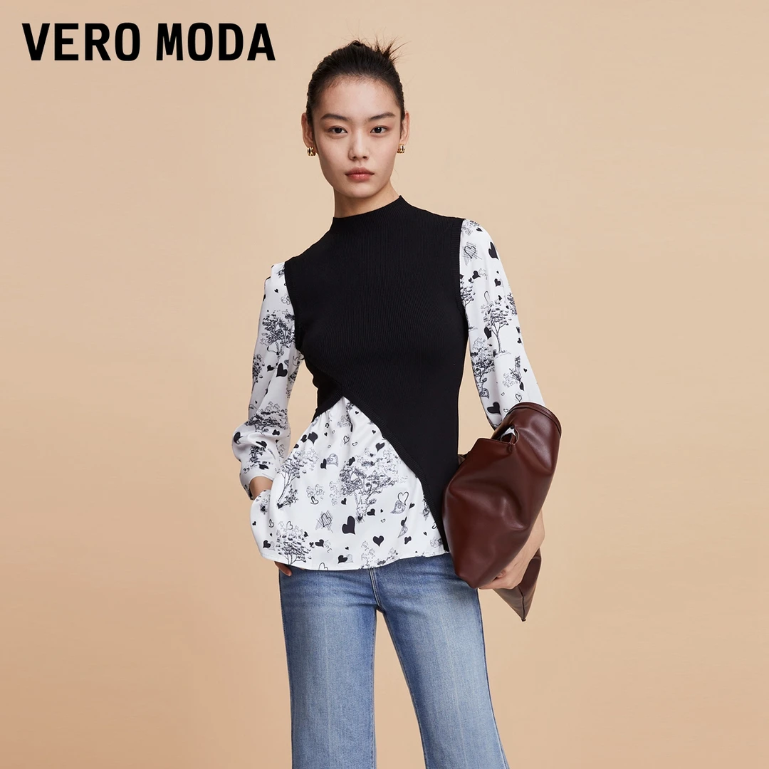 Vero Moda2024新款蕾丝衫女收腰设计假两件七分袖气质323358016