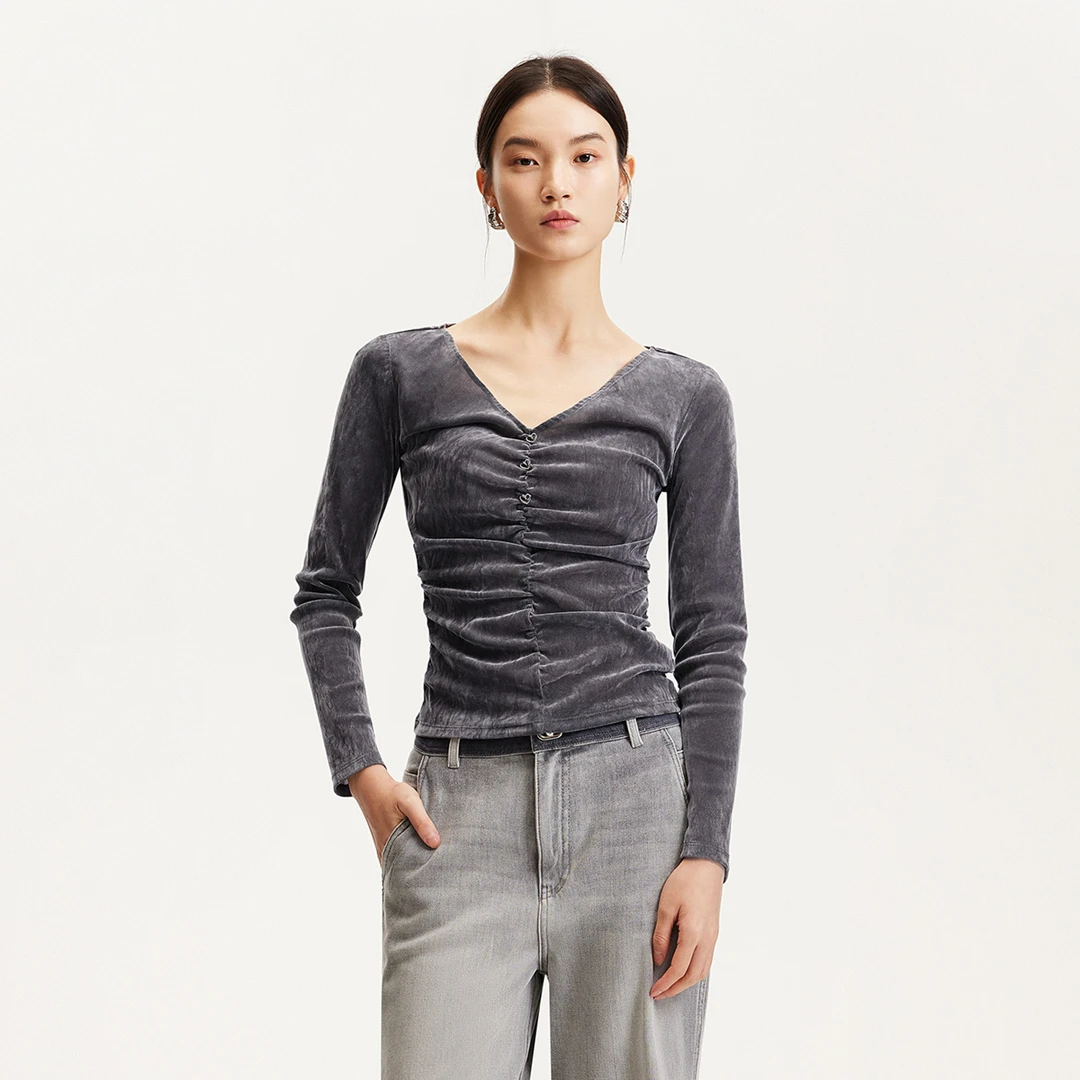 【芋总专属】Vero Moda T恤女丝绒质感心型纽扣褶皱设计325102002