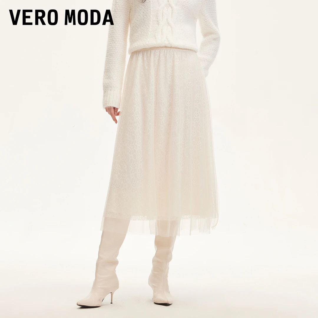 Vero Moda半身裙【柔光轻舞】网纱蕾丝亮片松紧腰长裙时尚32431G011