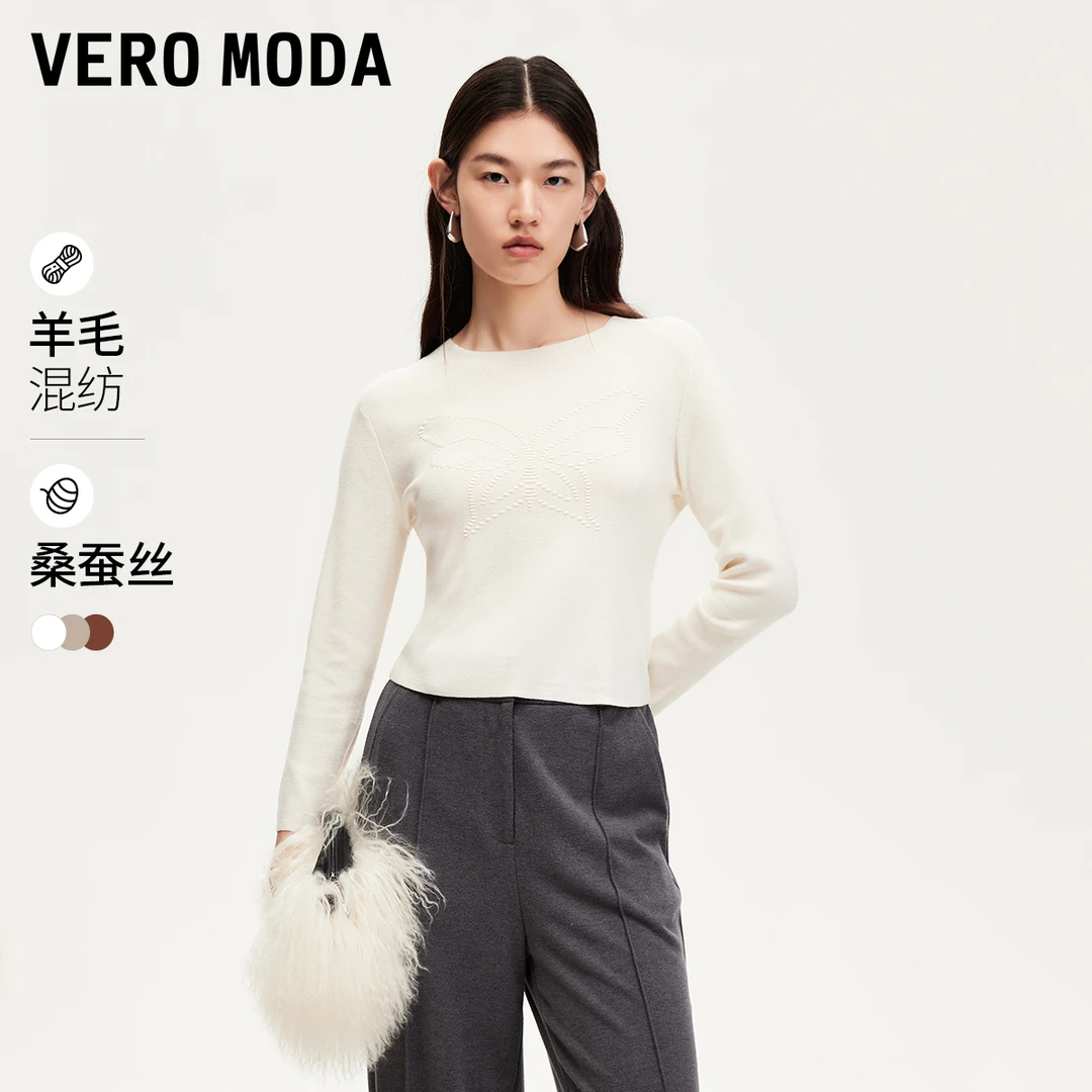 Vero Moda针织衫女立体蝴蝶勾花短款上衣女百搭老钱风324424002