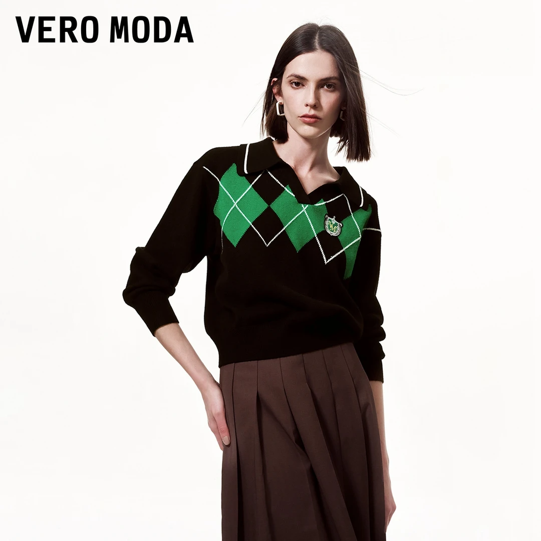 【芋总专属】Vero Moda毛衣格纹polo领撞色上衣针织衫324113021
