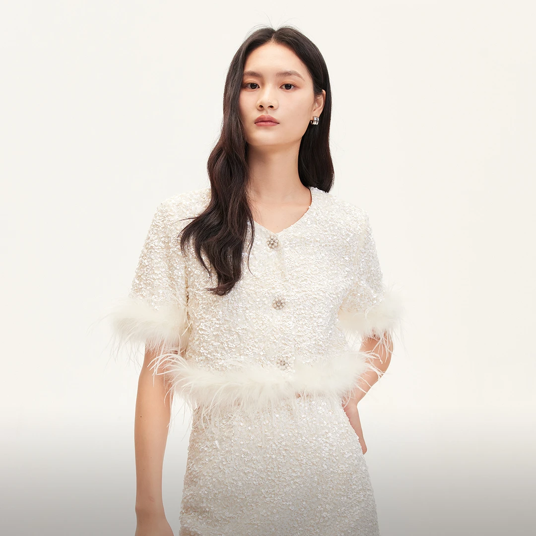 【达人专属】 Vero Moda短外套V领羽毛装饰短款外套324417002