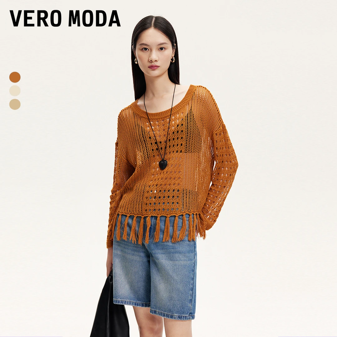 Vero Moda欧若风针织衫女新款钩织镂空流苏下摆上衣324324065