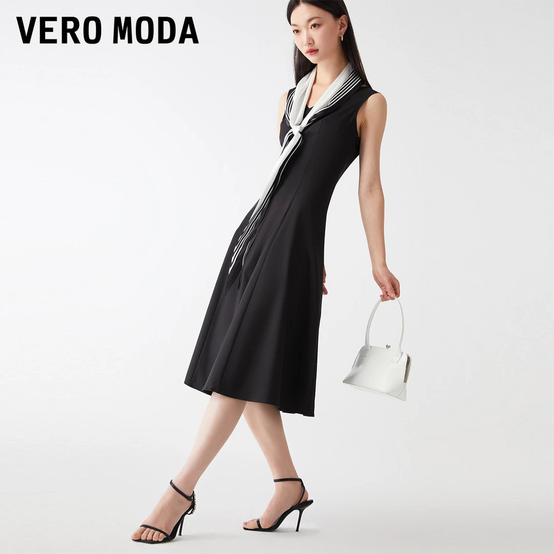 Vero Moda2024新款连衣裙A字长裙收腰无袖V领简约通勤32337A021