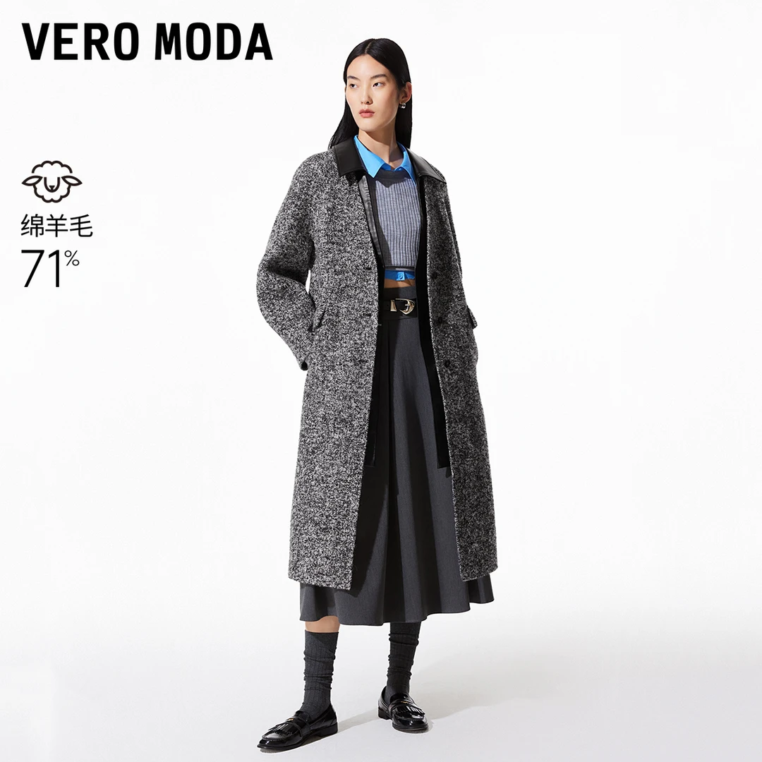 Vero Moda毛呢大衣商场同款新品绵羊毛PU拼接领双面呢325127001