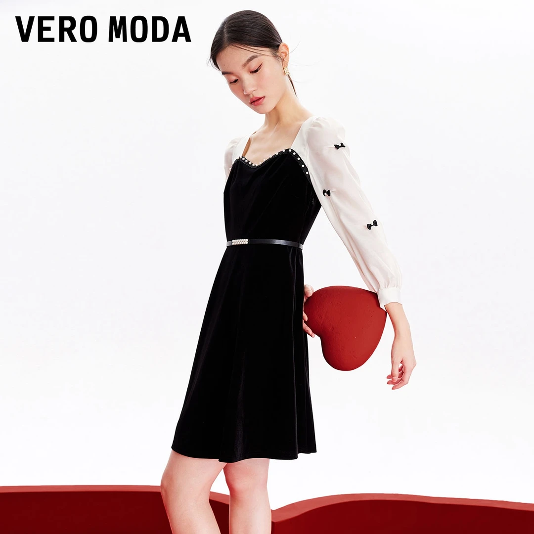 Vero Moda2024新款连衣裙丝绒立体蝴蝶结钉珠泡泡袖A摆32337C026