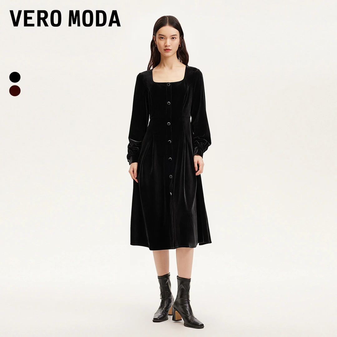 【达人专属】Vero Moda连衣裙丝绒收腰纽扣装饰连衣裙32437D021