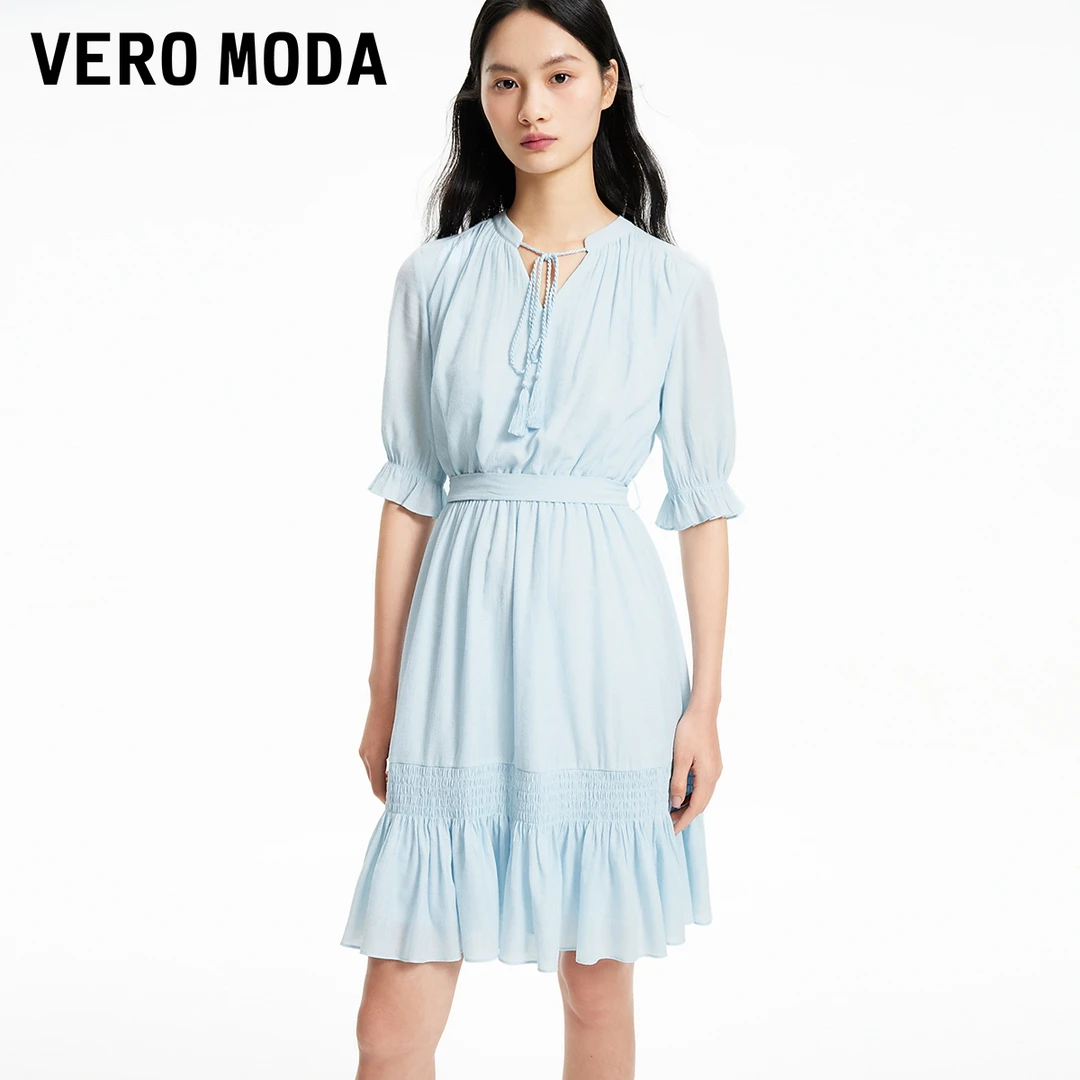 1038【金拐子专属】Vero Moda连衣裙泡泡袖V领可拆卸腰带32416Z013