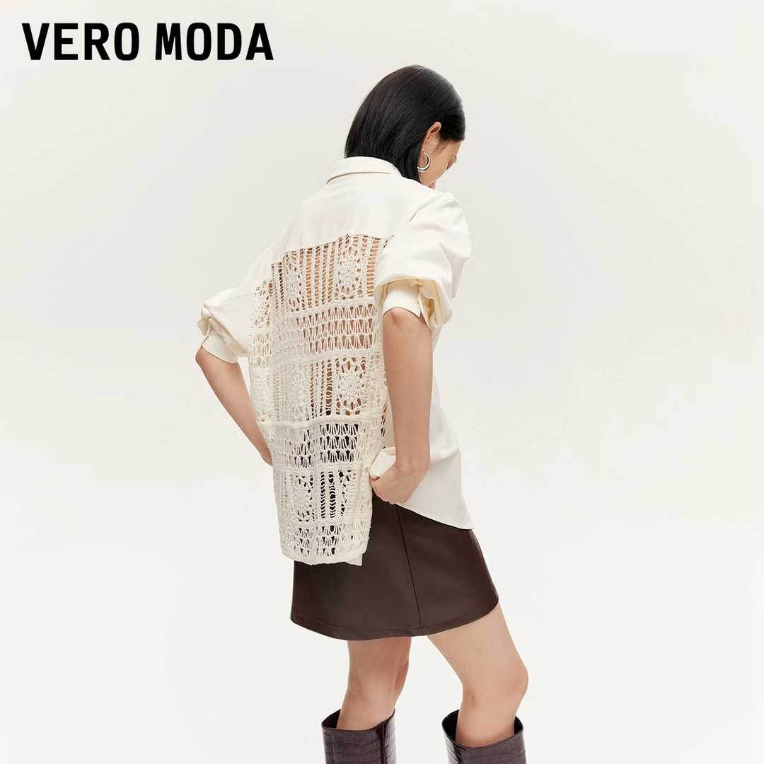 Vero Moda新款尤莱特衬衫女翻领针织钩花典雅百搭高级感324305041