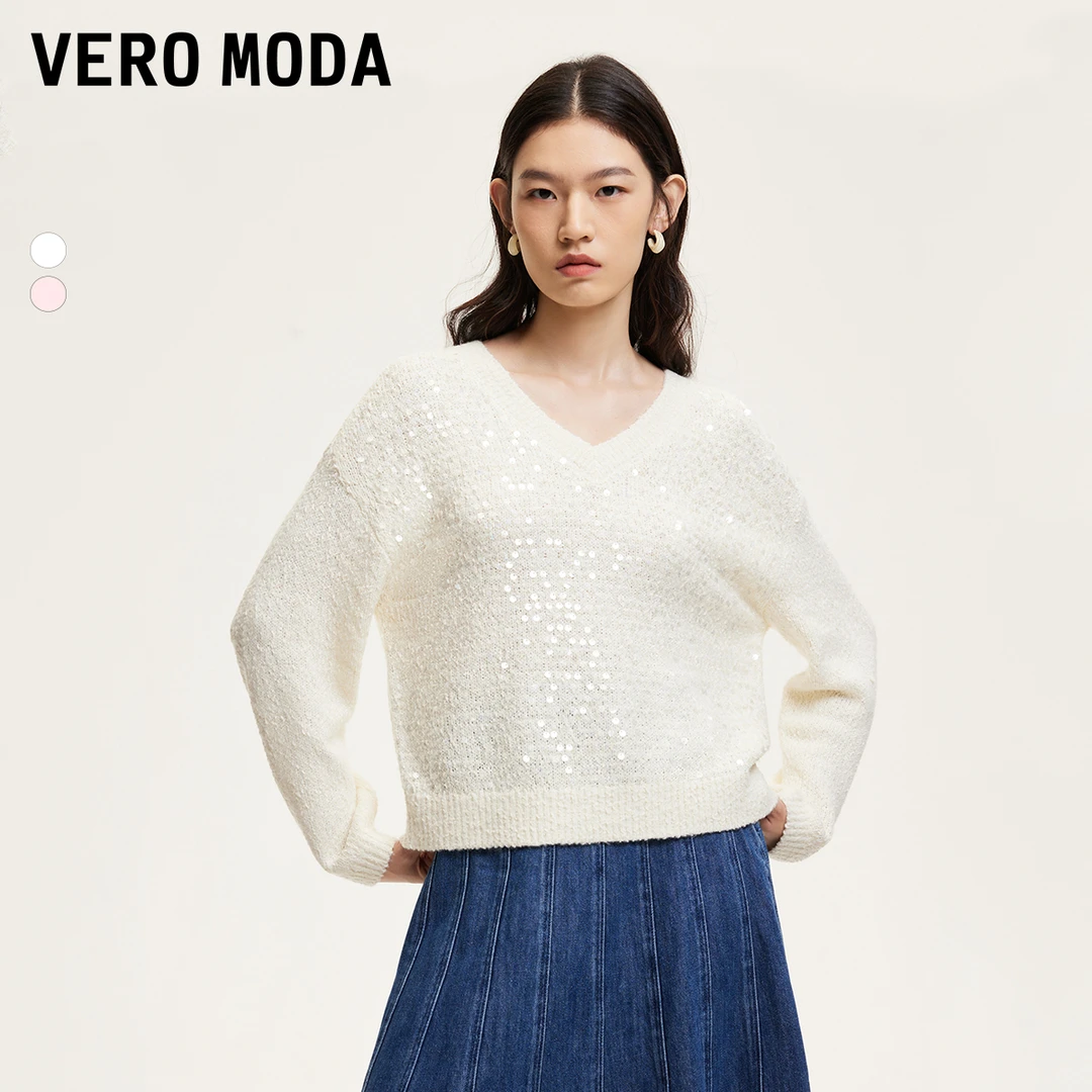 Vero Moda针织衫女24秋新款宽松H版垂顺亮片V领甜美时尚324413040