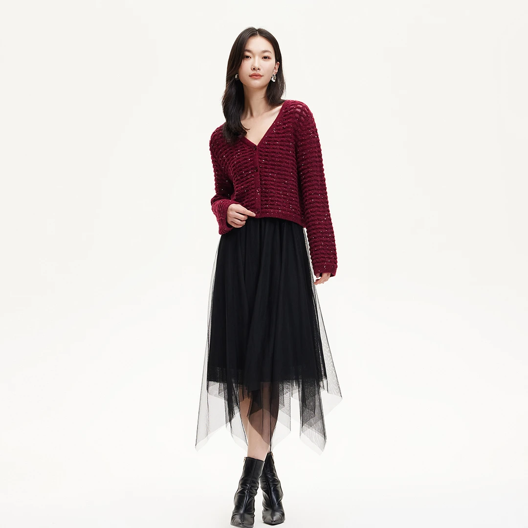 Vero Moda连衣裙商场同款新品真两件拼接亮丝网纱裙镂空325146008