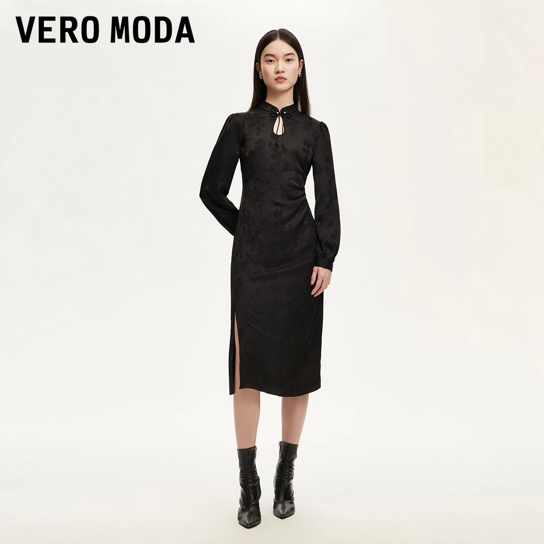 Vero Moda连衣裙女早秋新款新中式暗纹褶皱旗袍气质32437D017
