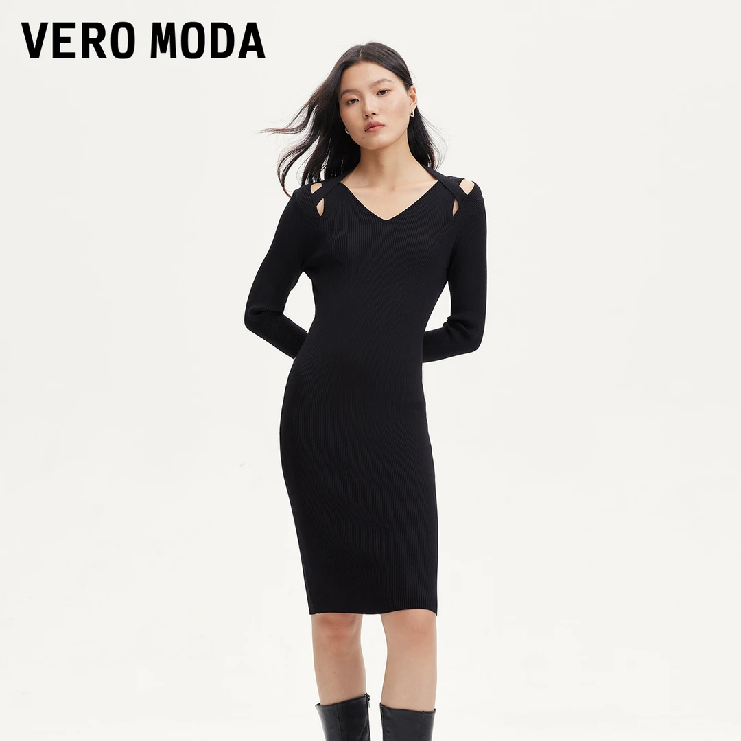【粉丝专属】Vero Moda连衣裙挂脖肩部镂空针织小黑裙324346009