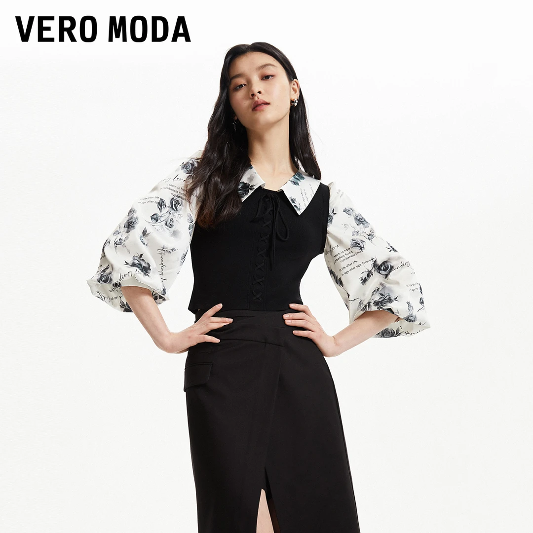 Vero Moda上衣女新款优雅拼接花朵翻领泡泡袖女百搭洋气324458003