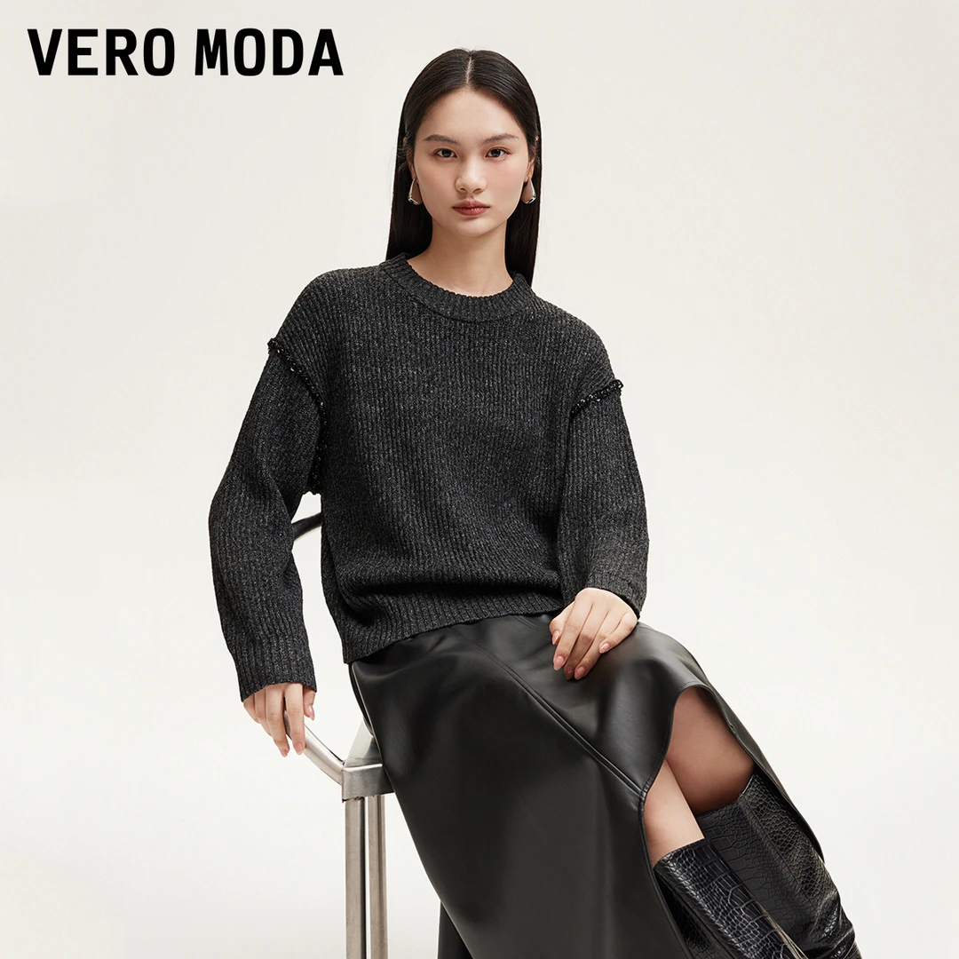 【陈大可专属】Vero Moda毛衣圆领珠片拼接落肩宽松毛衣324313051