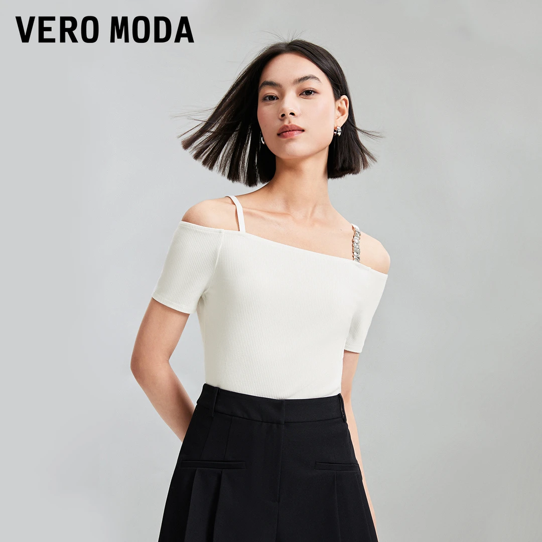 1052【金拐子专属】Vero ModaT恤女简约一字肩立体324201031