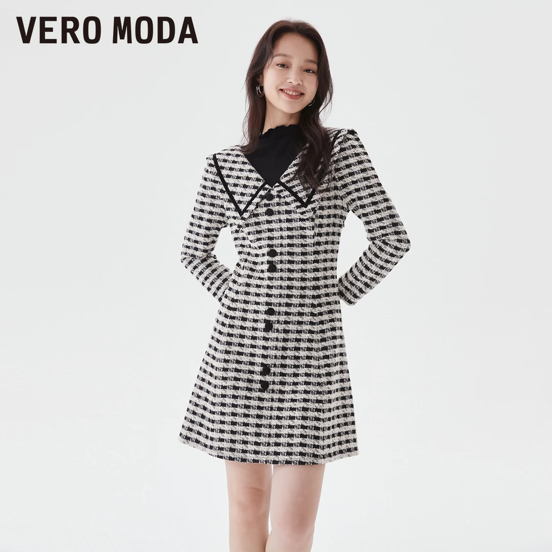 Vero Moda连衣裙新款宽松小立领格纹假两件小香氧气裙323361012