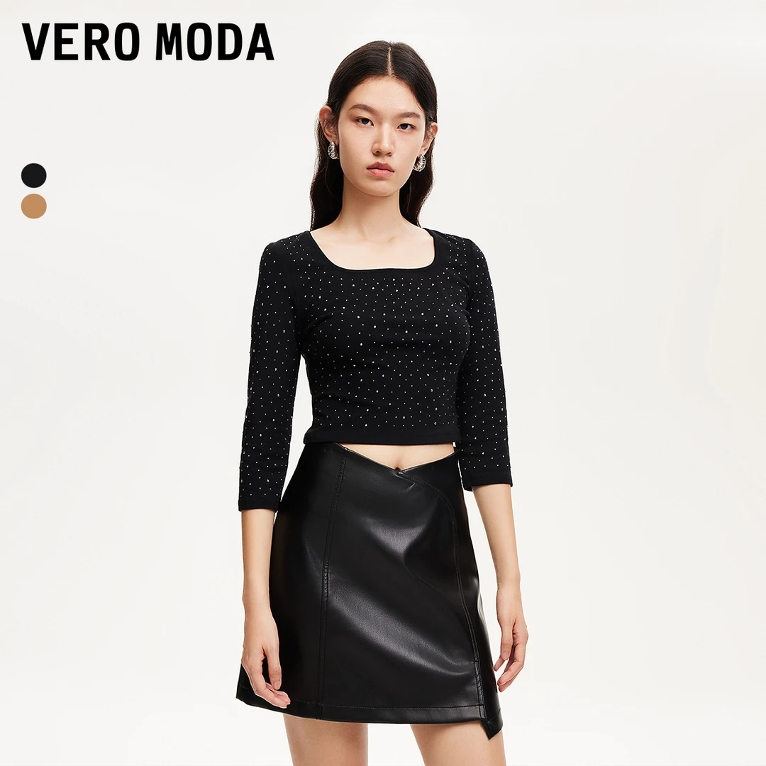 【粉丝专属】Vero ModaT恤方领七分袖水钻装饰长袖324330018