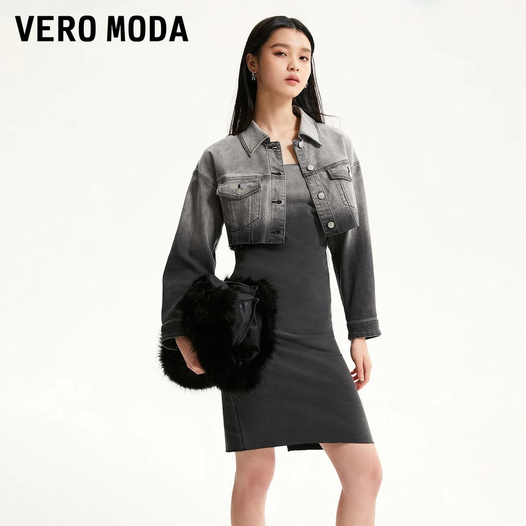 Vero Moda2024新款设计感牛仔夹克街头风下摆毛边长袖323357022