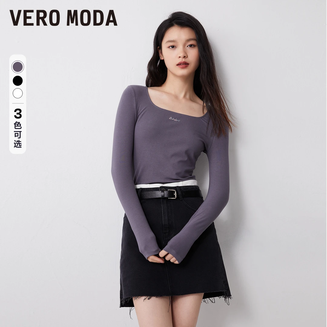 Vero Moda2024新款T恤方领修身显瘦打底长袖休闲日常324102011