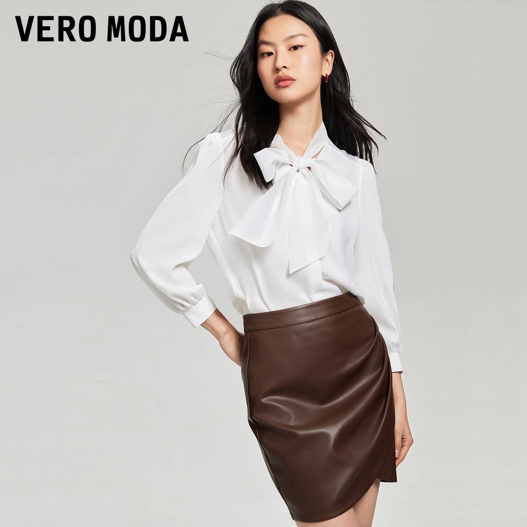 Vero Moda衬衫女秋冬新款v领飘带七分小灯笼袖简约324331042