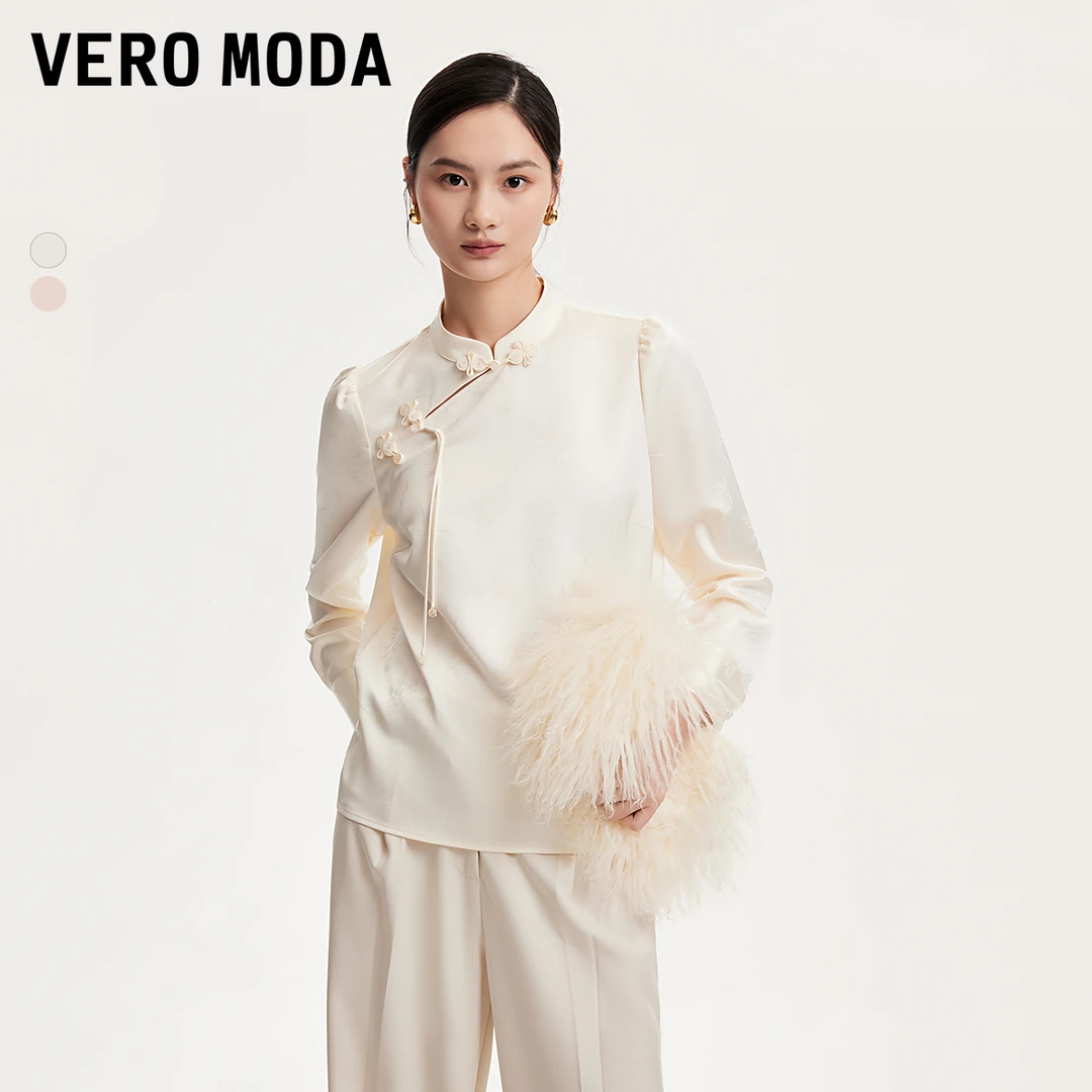 Vero Moda上衣女早秋新款新中式盘扣光泽感暗纹上衣324351006