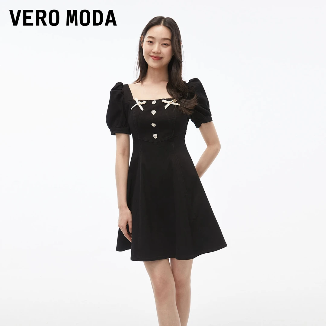 1015【达人专享】Vero Moda方领泡泡袖收腰字裙牛仔裙323242008