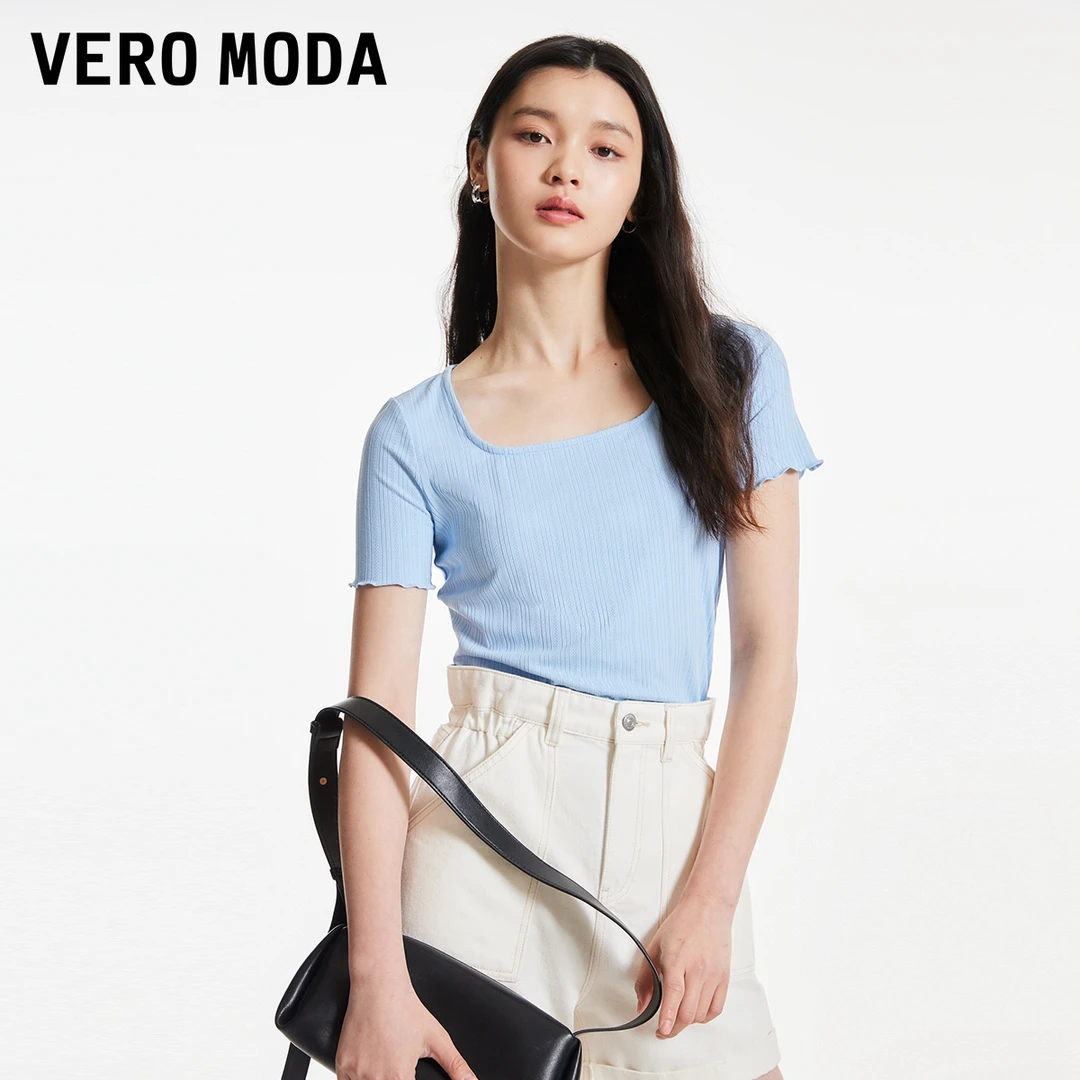 【平子专属】Vero ModaT恤女早春修身方领荷叶边短袖百搭|324101028
