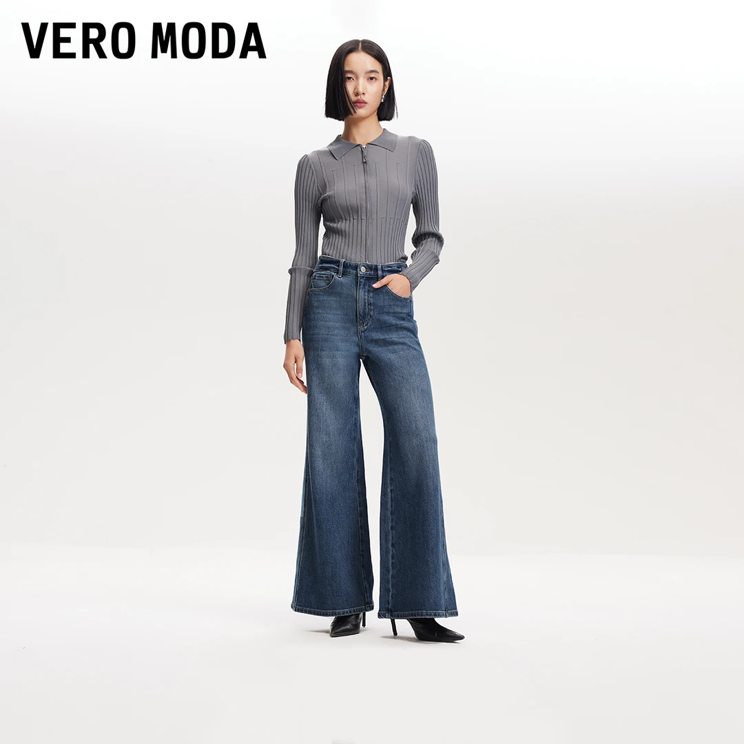 【粉丝专属】Vero Moda牛仔裤磨白中腰宽松九分喇叭裤325149001