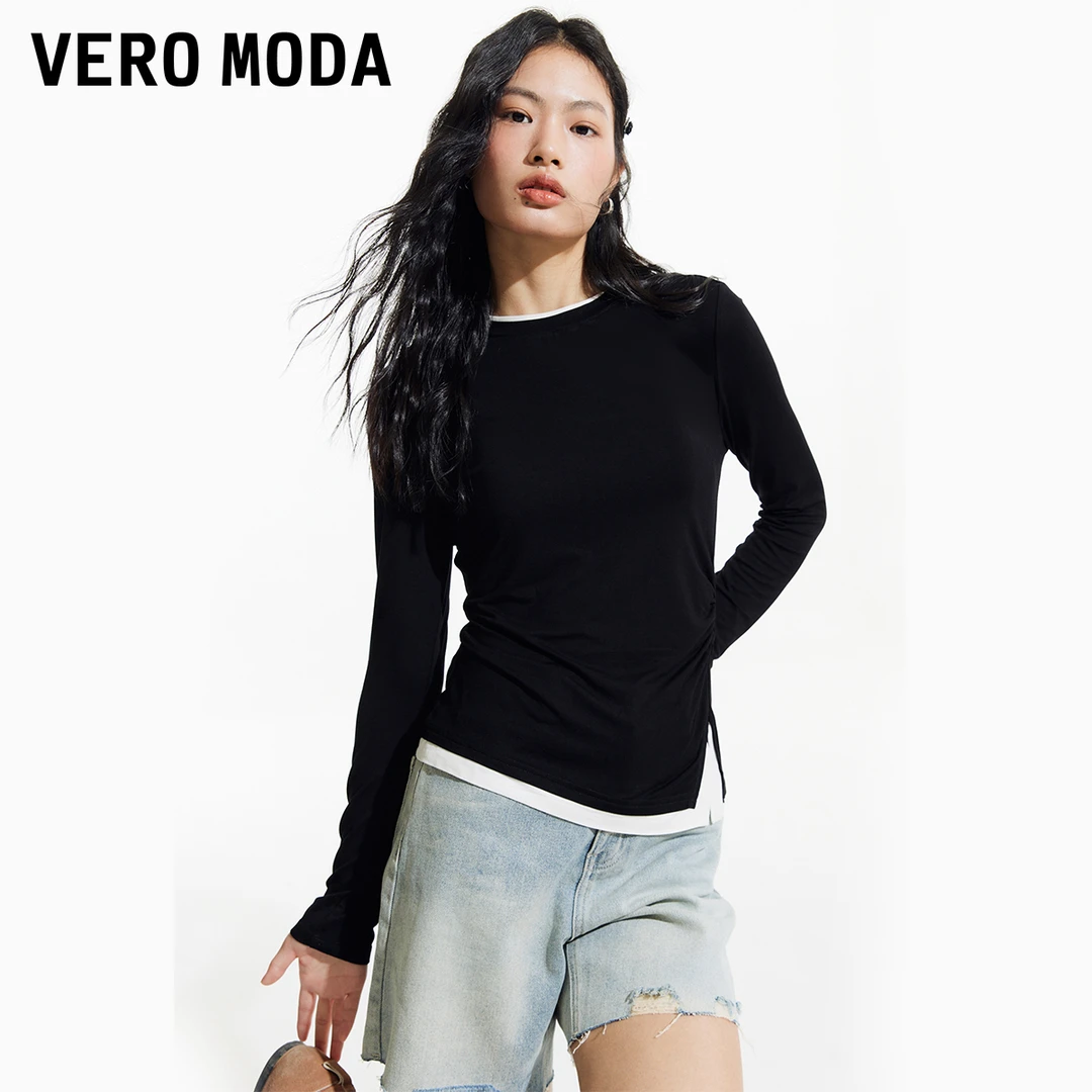 【陈大可专属】Vero Moda雅丹风T恤假两件抽褶长袖324302008