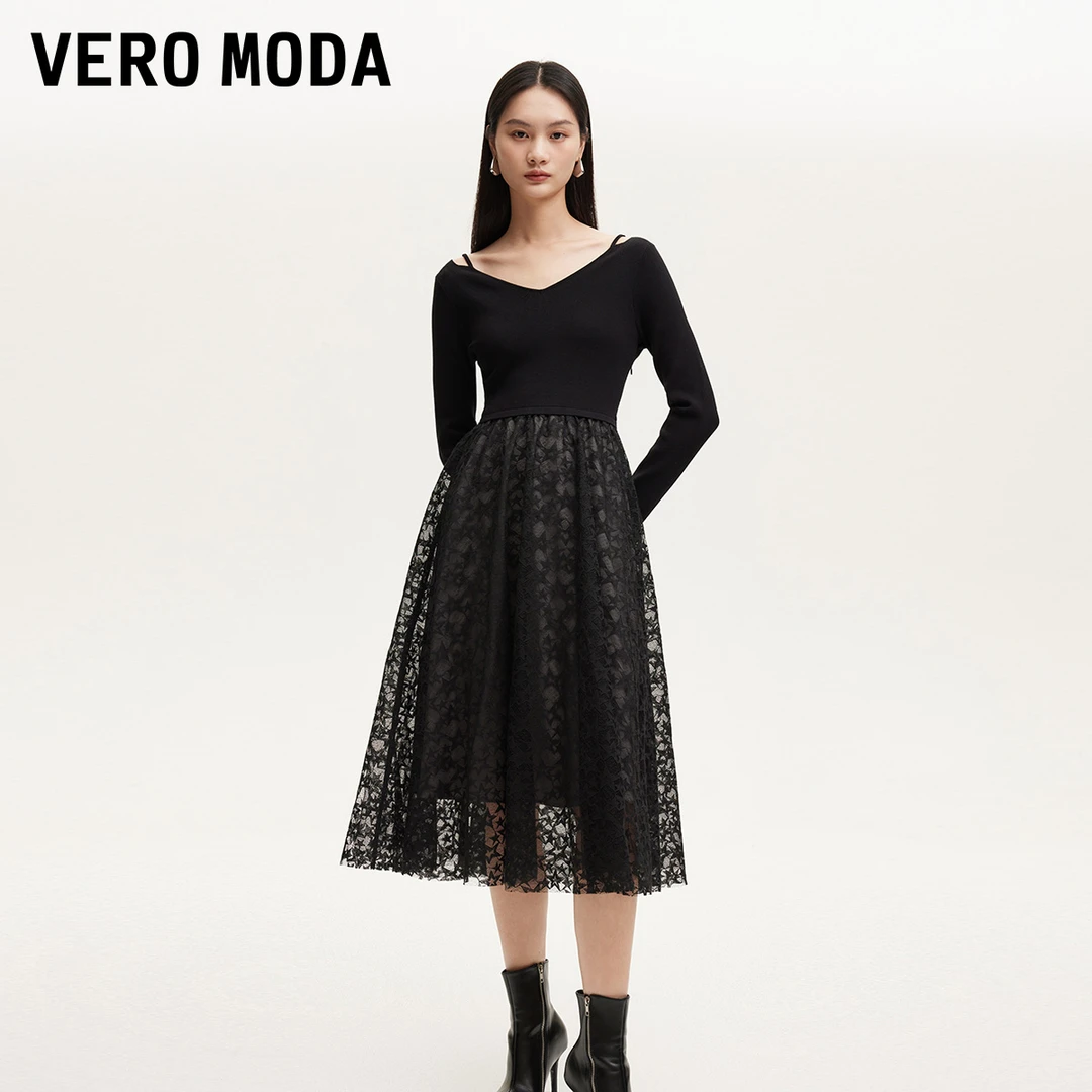 【达人推荐】Vero Moda连衣裙V领蕾丝拼接针织长裙优雅324346033