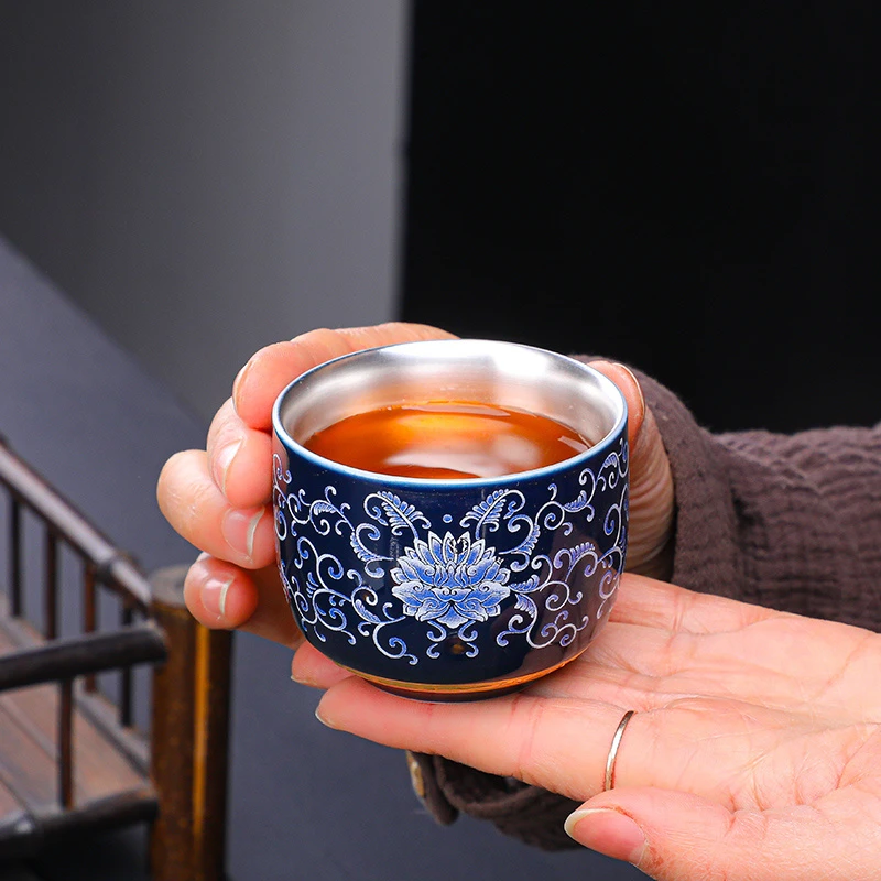 999足银茶杯主人杯品茗杯珐琅彩鎏银陶瓷功夫茶具定制茶杯