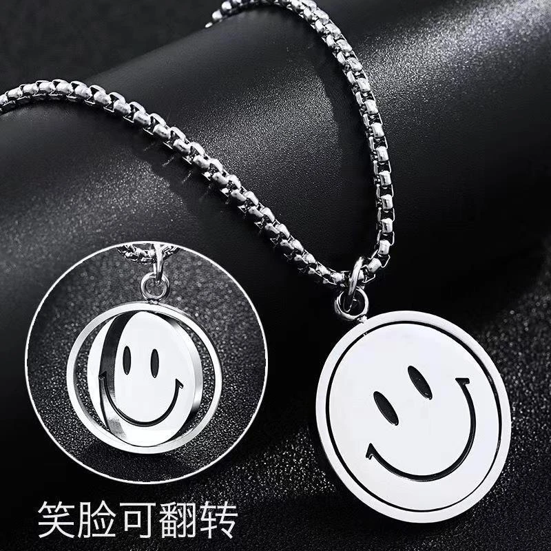钛钢项链 旋转笑脸哭脸项链切换表情ins毛衣链嘻哈卫衣链吊坠配饰