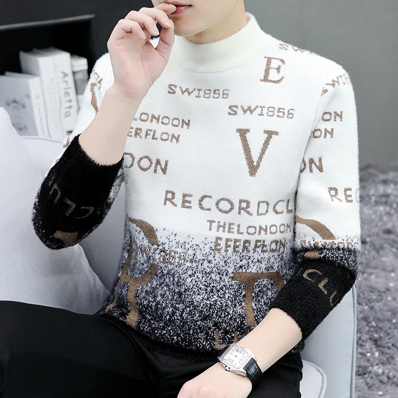 半高领渐变男士水貂绒毛衣潮流加厚保暖长袖百搭针织衫打底上衣服