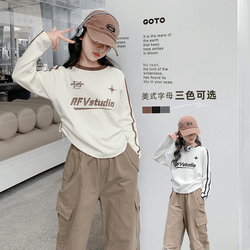 女童2024秋季新款时尚洋气百搭字母印花长袖T恤TX60097