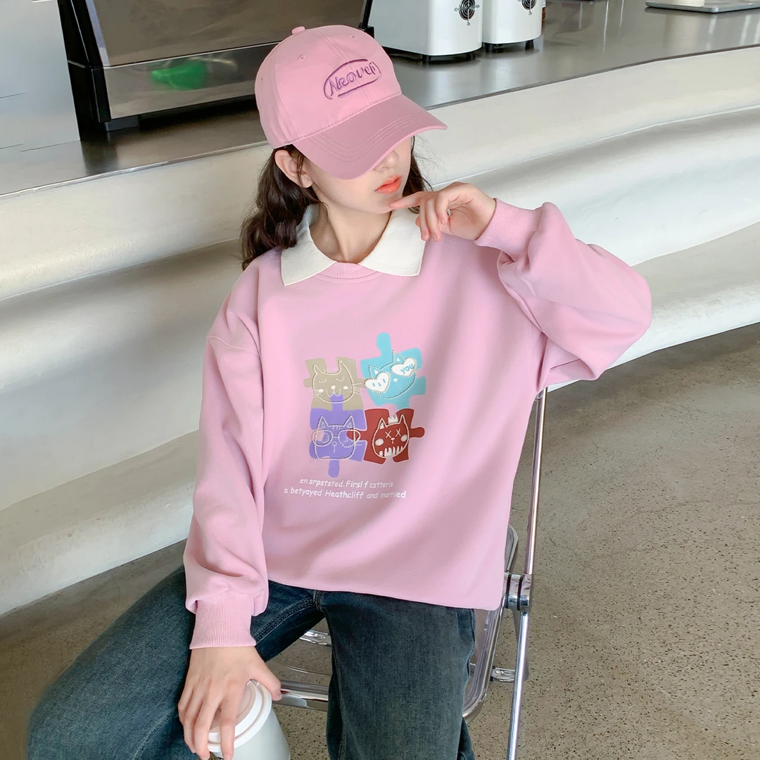 秋装儿童polo领女童卫衣女2025新款时尚百搭卡通印花卫衣Q61395