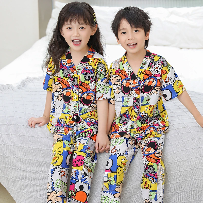夏季开衫绵绸套装男童女孩空调服长袖宝宝家居服防蚊薄款儿童睡衣