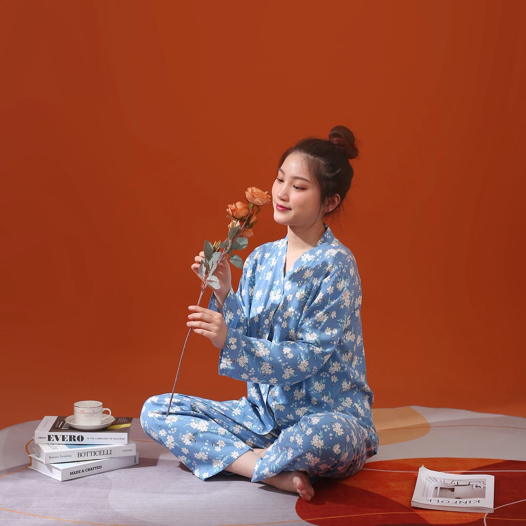 夏季新款家居服睡衣女绵绸套装人造棉长袖睡衣薄款九分袖可外穿