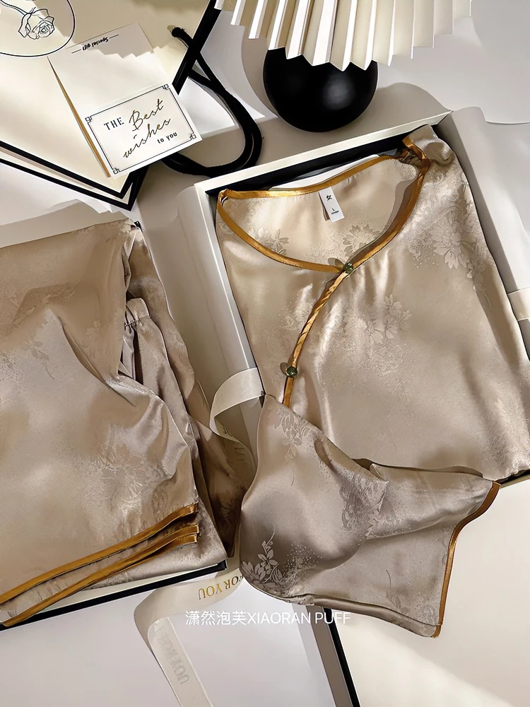 带胸垫中国风冰丝睡衣女春夏高级感新款复古新中式提花家居服套装