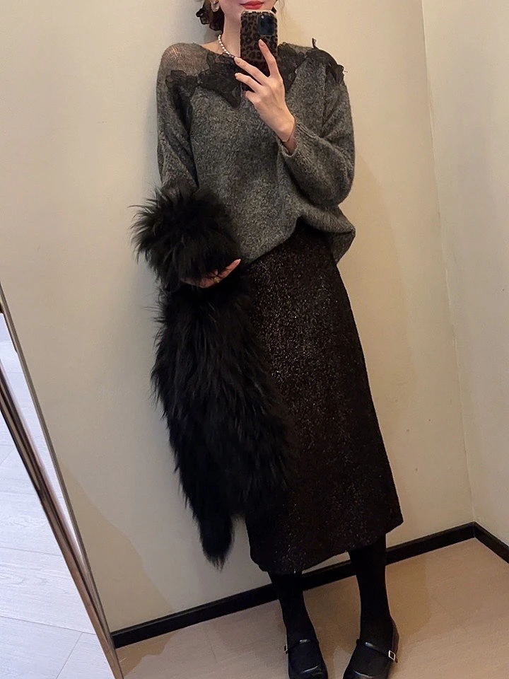 老赵服饰 满天星亮丝后松紧腰半身裙 21AU2995