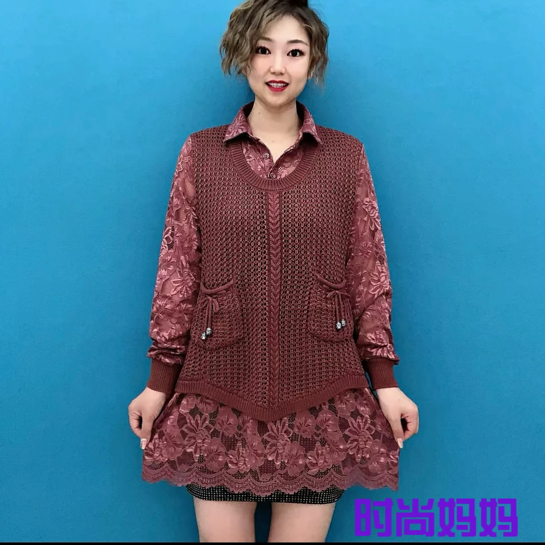 58  蕾丝翻领双兜时尚潮流显瘦遮肉针织毛衣假两件