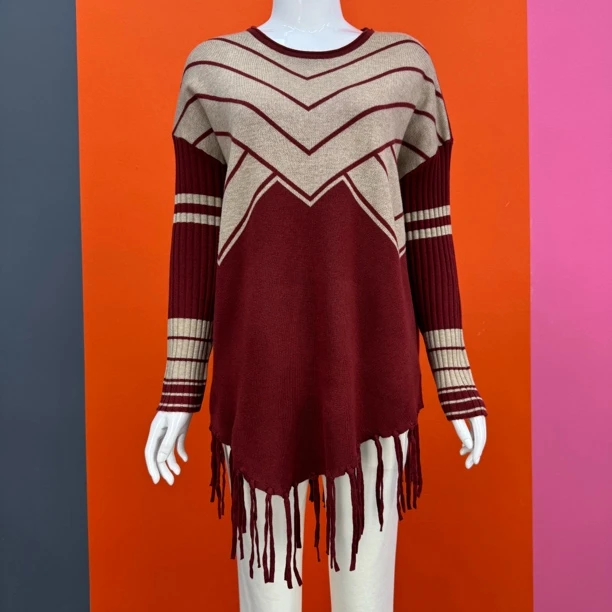 女士秋冬针织衫中长款时尚洋气流苏圆领长袖套头时尚妈妈女衫