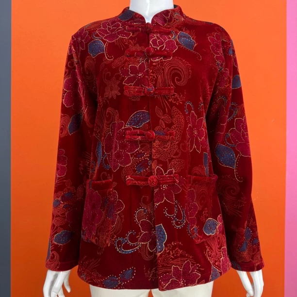 秋冬新款加绒保暖开衫复古盘扣立领时尚妈妈上衣长袖双兜女衫