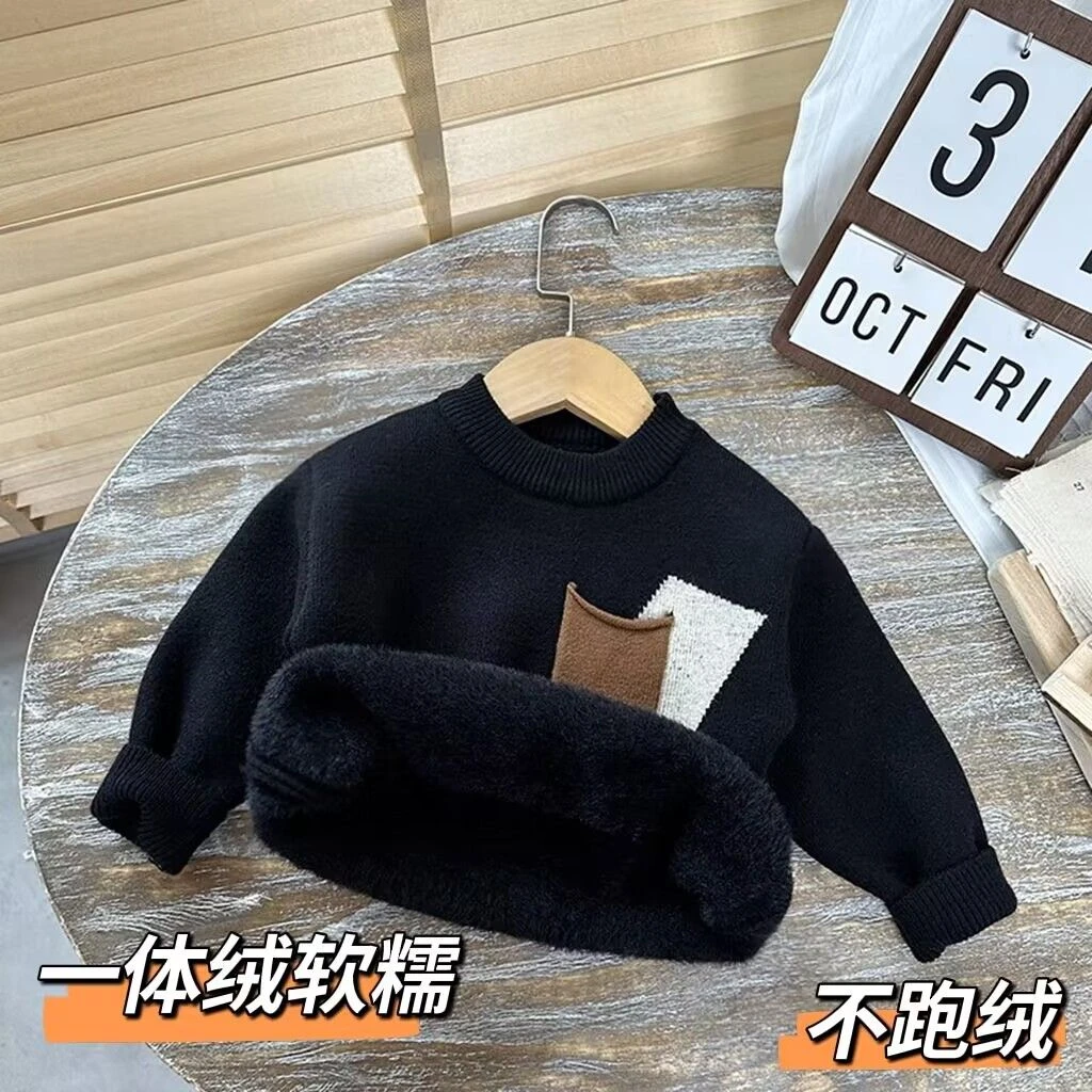 Y儿童毛衣一体绒加厚秋冬款男女宝宝加绒软糯针织套头圆领保暖打