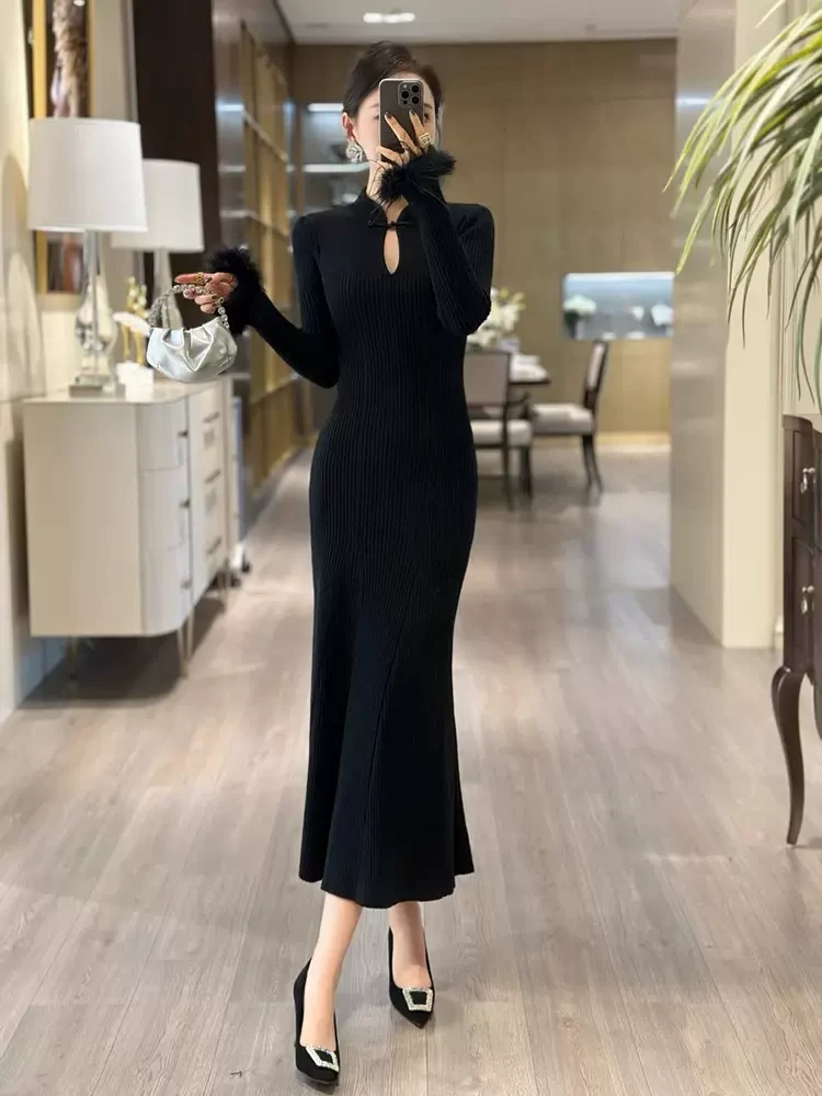 春季新中式国风时尚气质针织修身连衣裙高级感打底长袖包臀鱼尾裙