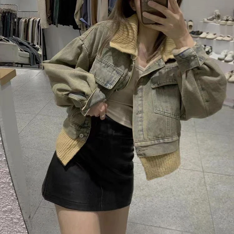 2024春秋新款小众休闲风上衣潮美式复古慵懒风撞色翻领牛仔外套女