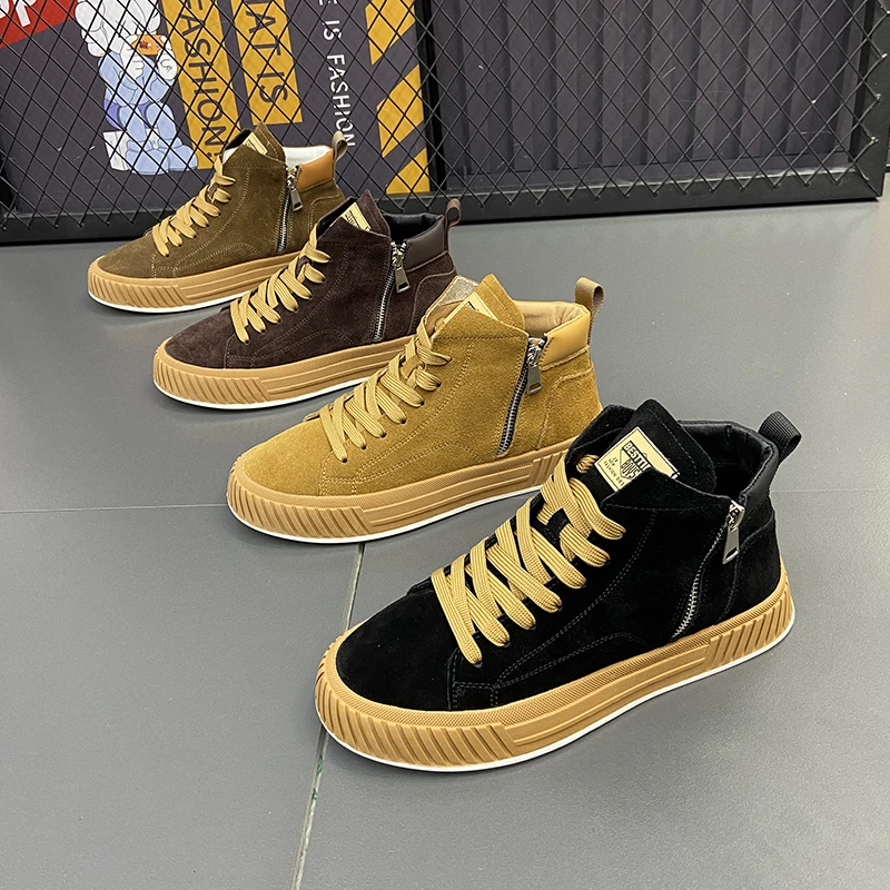 港风2024秋季高帮板鞋翻毛皮侧拉链厚底百搭真皮休闲潮流软底男鞋